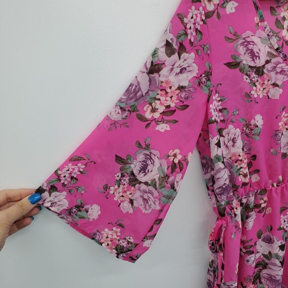 NWT Womens Floral Swimsuit Coverup Sz M Pink Sheer Cinched Waist V-Neck Beach‎ - Picture 9 of 16